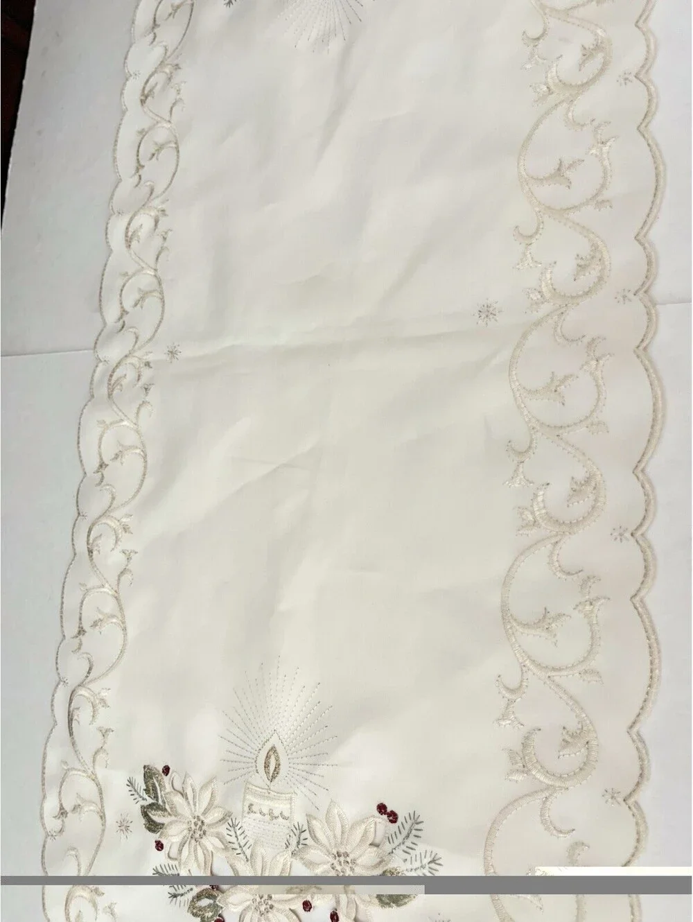 Vintage Table Runner Embroidered With Beautiful Gold Thread Candle Flower 34x14